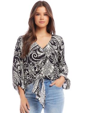 Karen Kane Black & White Paisley Tie-Front V-Neck Blouse